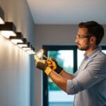 An elektriker installerer omhyggeligt LED spots i et moderne hjem ved hjælp af professionelt værktøj og ekspertise