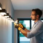 An elektriker installerer omhyggeligt LED spots i et moderne hjem ved hjælp af professionelt værktøj og ekspertise